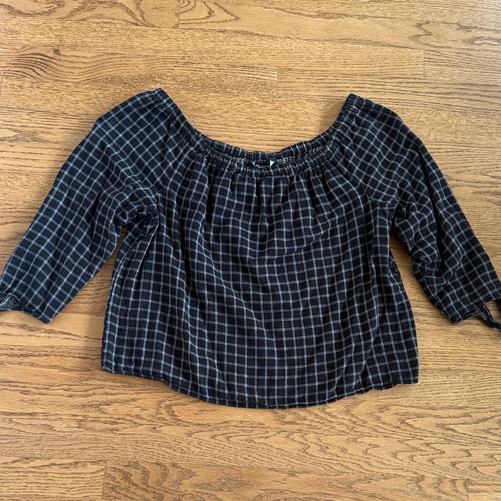 Madewell Off The Shoulder Black Crop Cotton Blouse Top Shirt 3/4 Sleeves